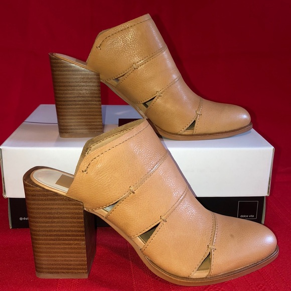NEW DOLCE VITA CARAMEL LEATHER BLOCK HEEL MULES - Picture 2 of 8